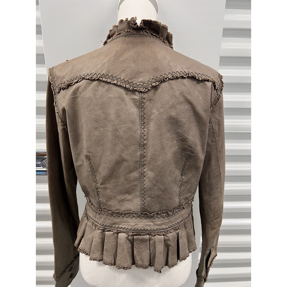 Vintage Y2K Moda International Grey Brown Genuine Leather Ruffle Jacket - Picture 5 of 16